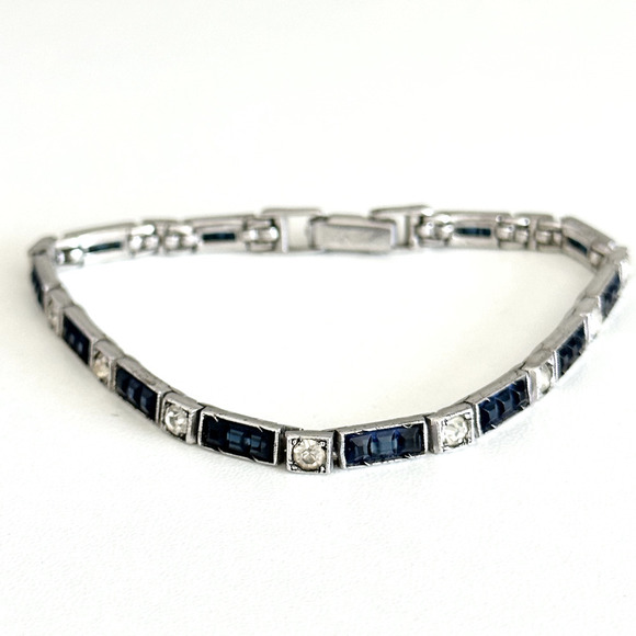 Vintage 925 Sterling Silver Blue & Clear Glass Stones Tennis Link Bracelet 7" - Picture 1 of 8